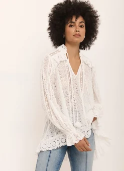 Cream Broderie Trim Longline Blouse