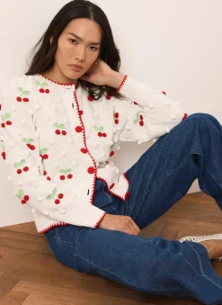 Cream Cherry Applique Knit Cardigan
