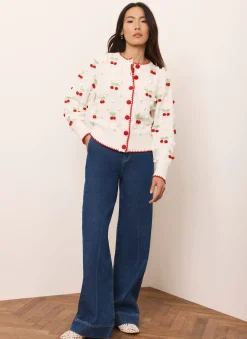 Cream Cherry Applique Knit Cardigan