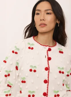 Cream Cherry Applique Knit Cardigan