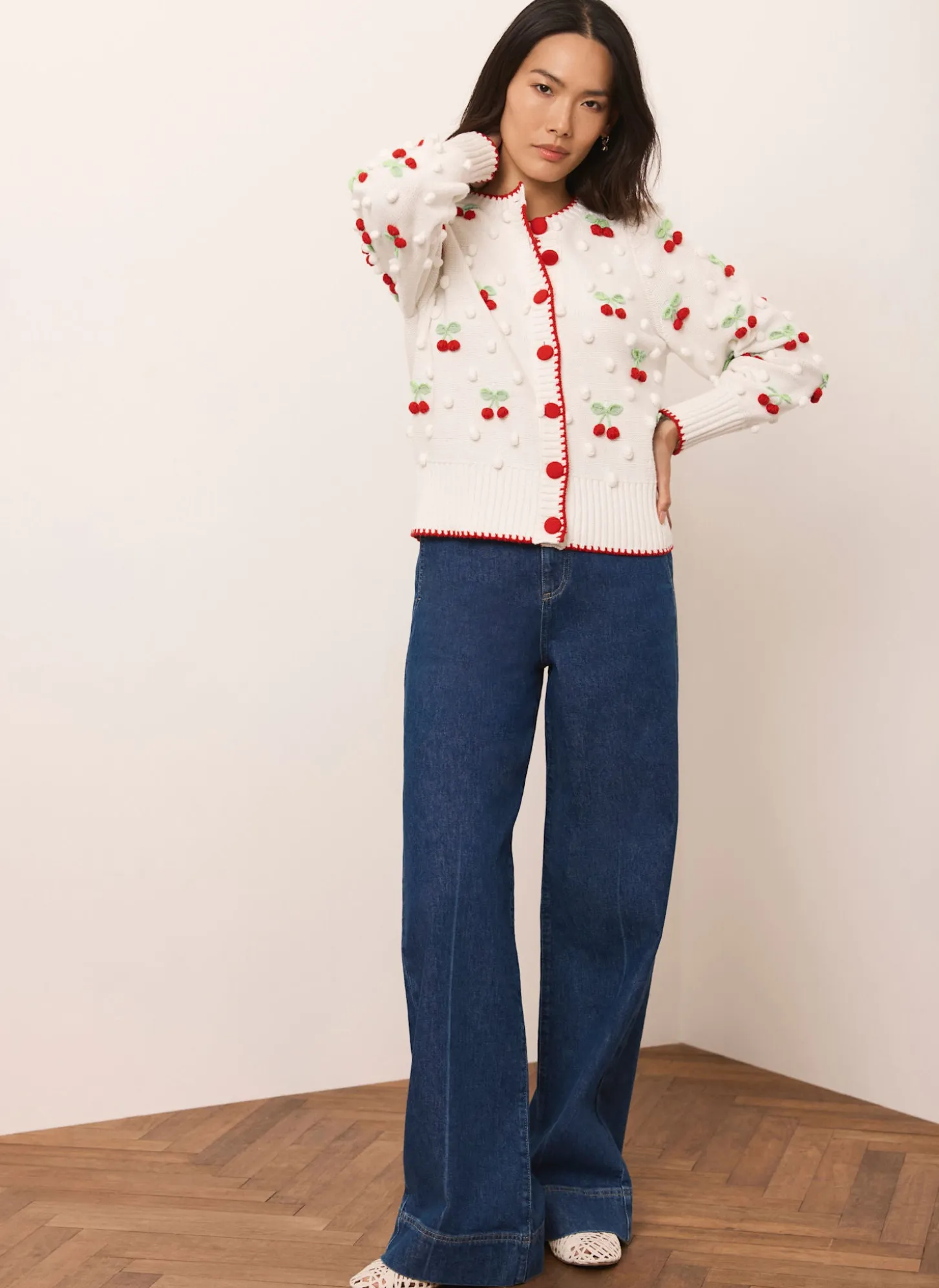 Cream Cherry Applique Knit Cardigan