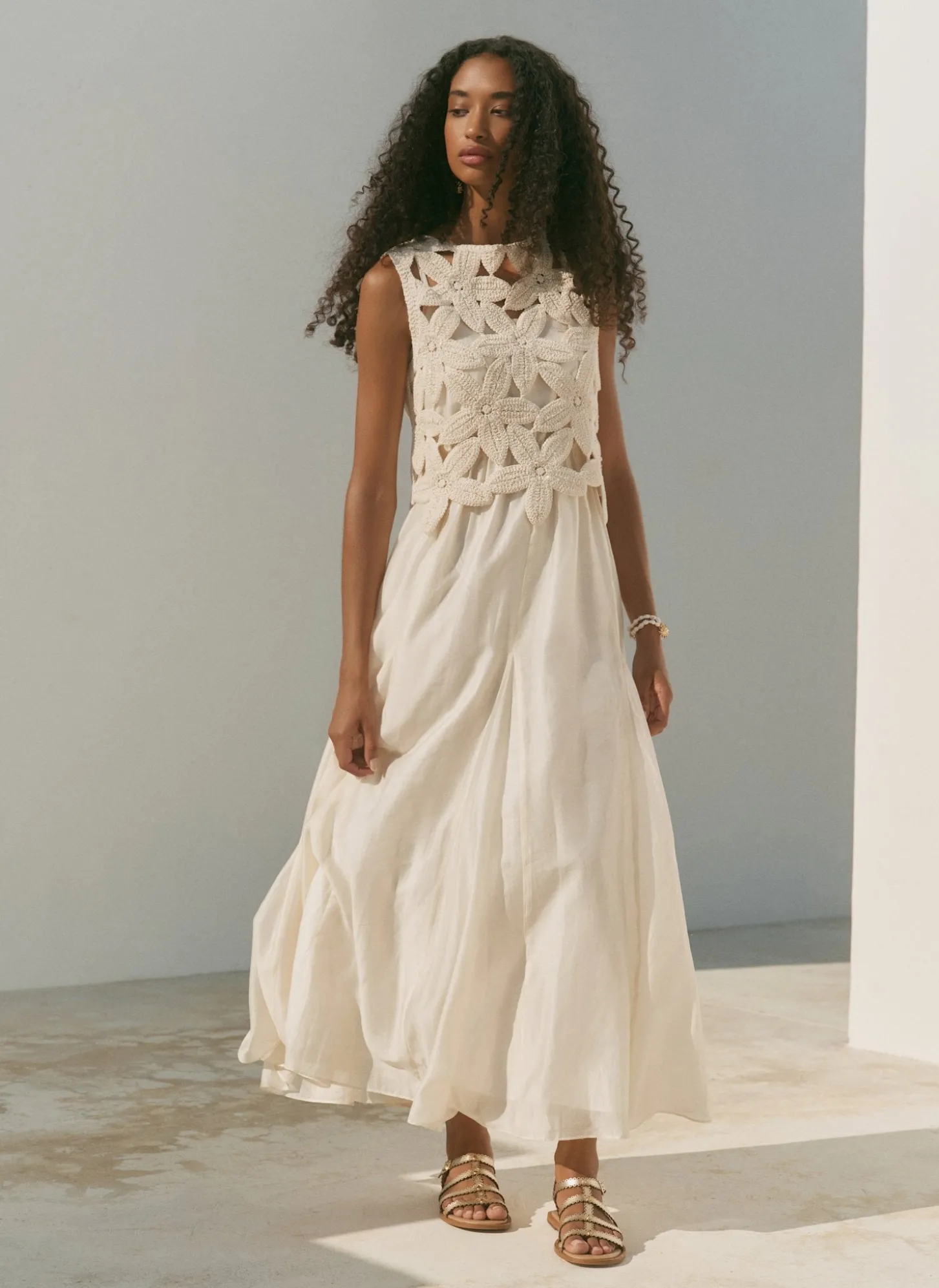 Cream Cotton Blend Crochet Maxi Dress
