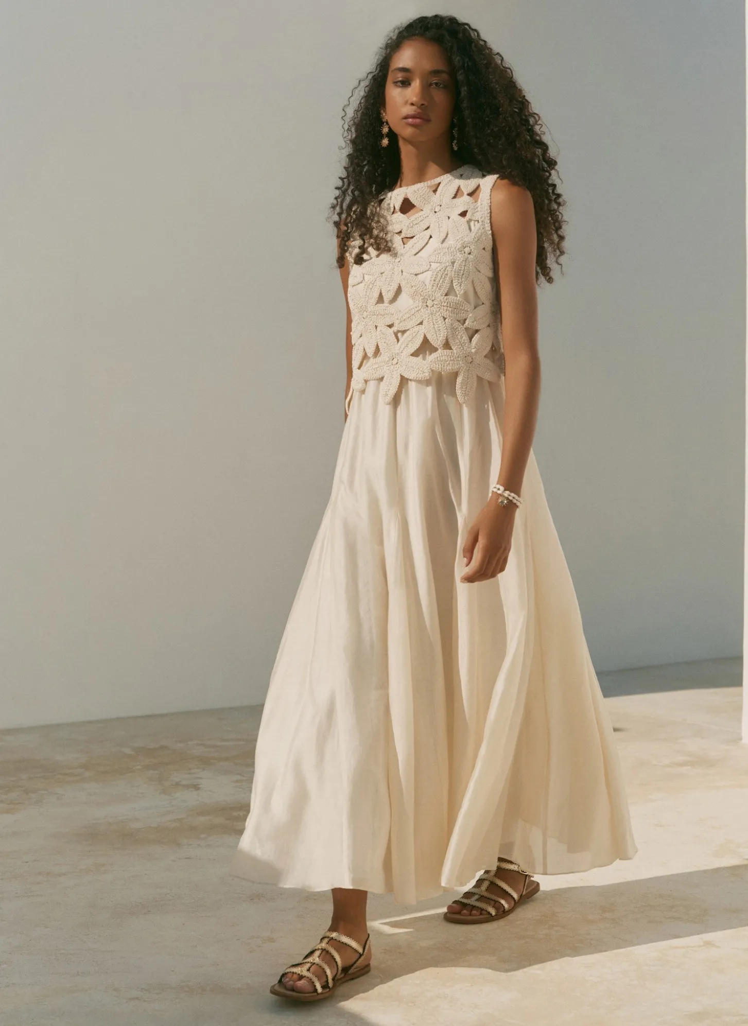 Cream Cotton Blend Crochet Maxi Dress