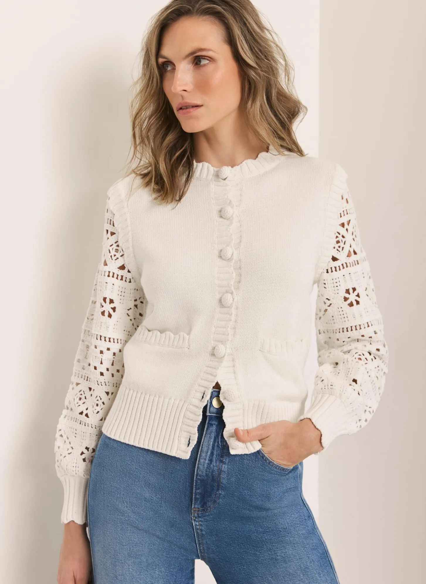 Cream Cotton Blend Crochet Cardigan