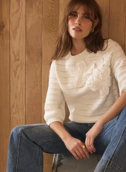 Cream Cotton Blend Floral Detail Jumper