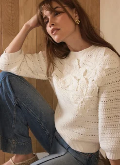 Cream Cotton Blend Floral Detail Jumper
