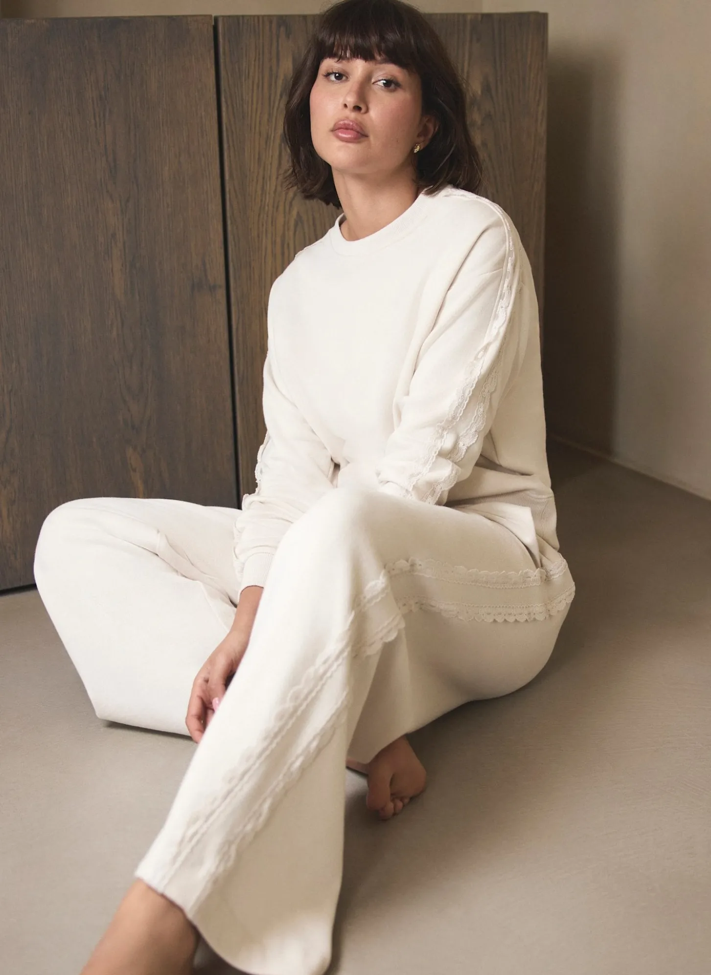 Cream Cotton Blend Lace Trim Sweatshirt