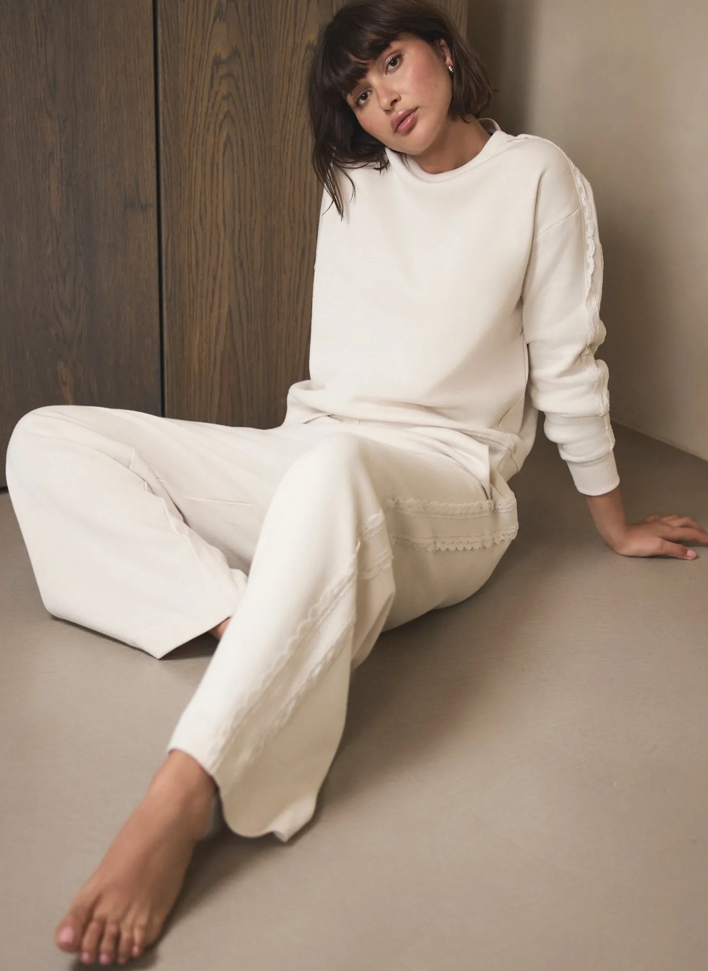 Cream Cotton Blend Lace Trim Sweatshirt