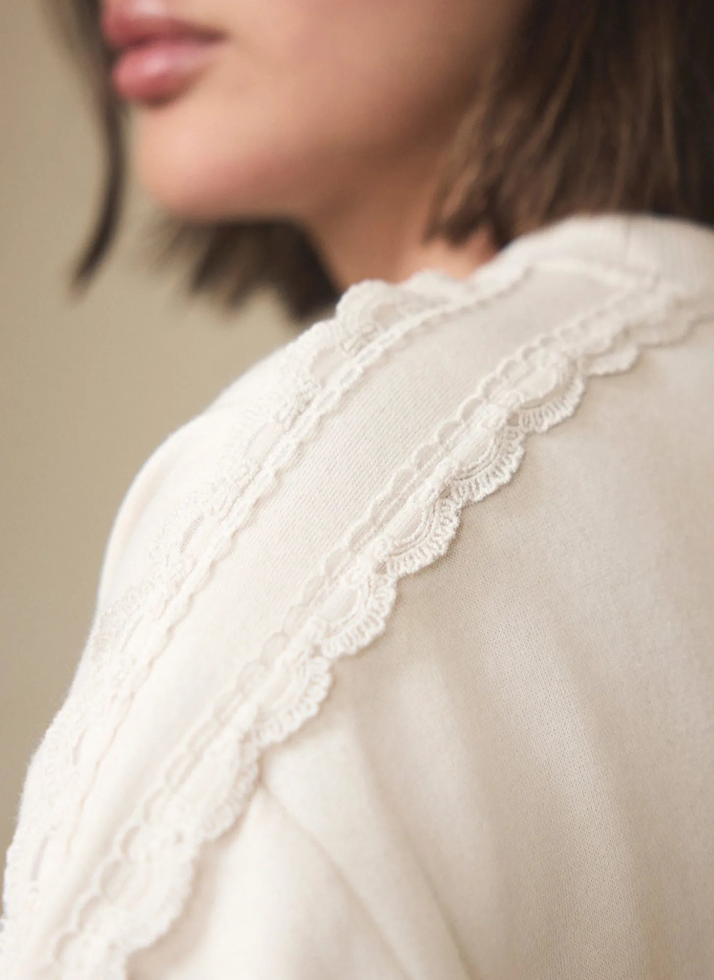 Cream Cotton Blend Lace Trim Sweatshirt
