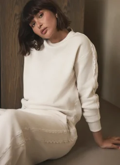 Cream Cotton Blend Lace Trim Sweatshirt