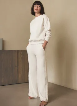 Cream Cotton Blend Lace Trim Joggers