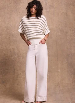 Cream Cotton Blend Metallic Stripe Top