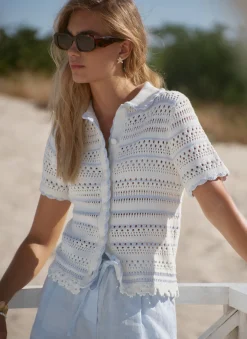 Cream Cotton Blend Stripe Crochet Top