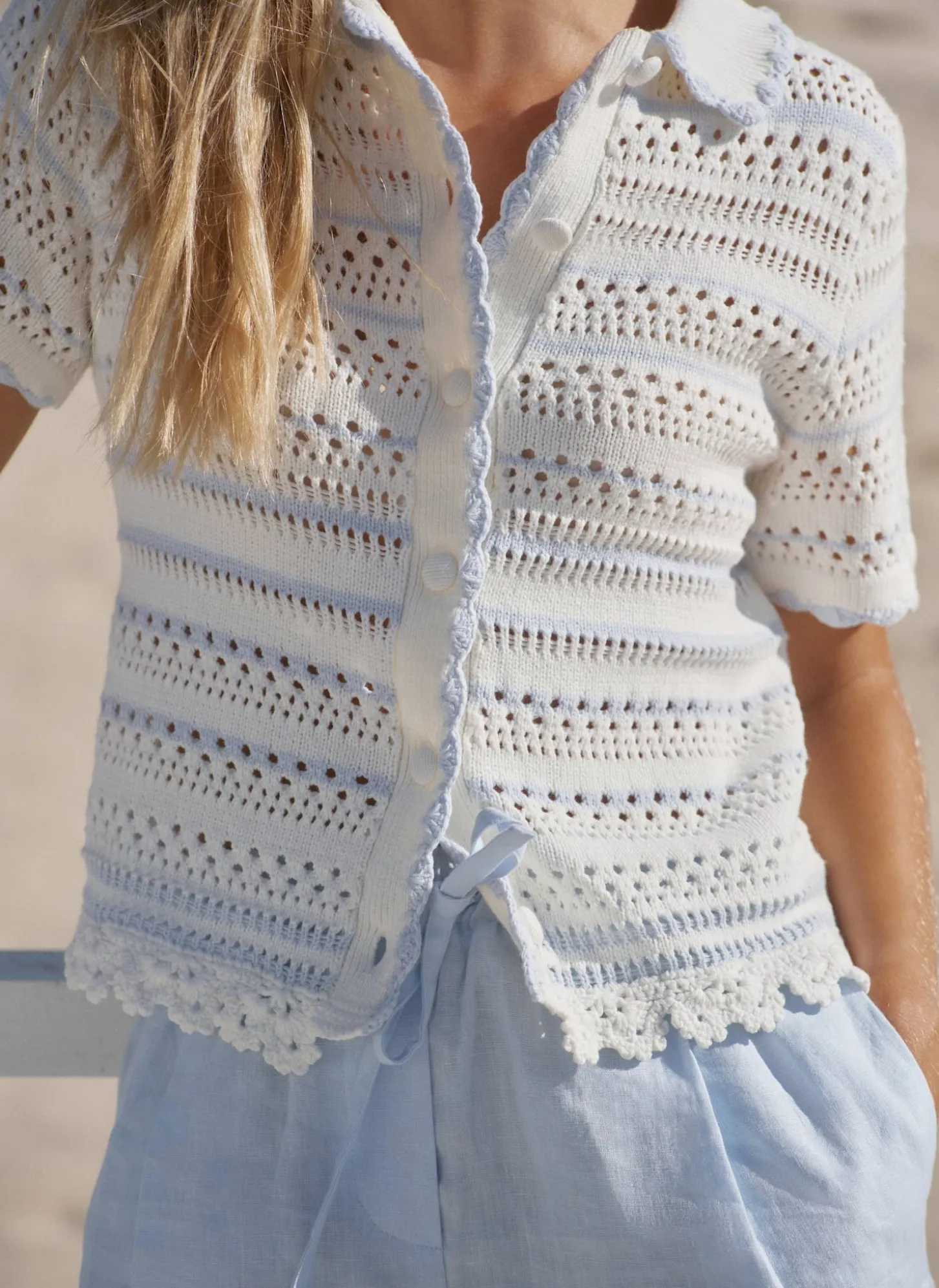 Cream Cotton Blend Stripe Crochet Top