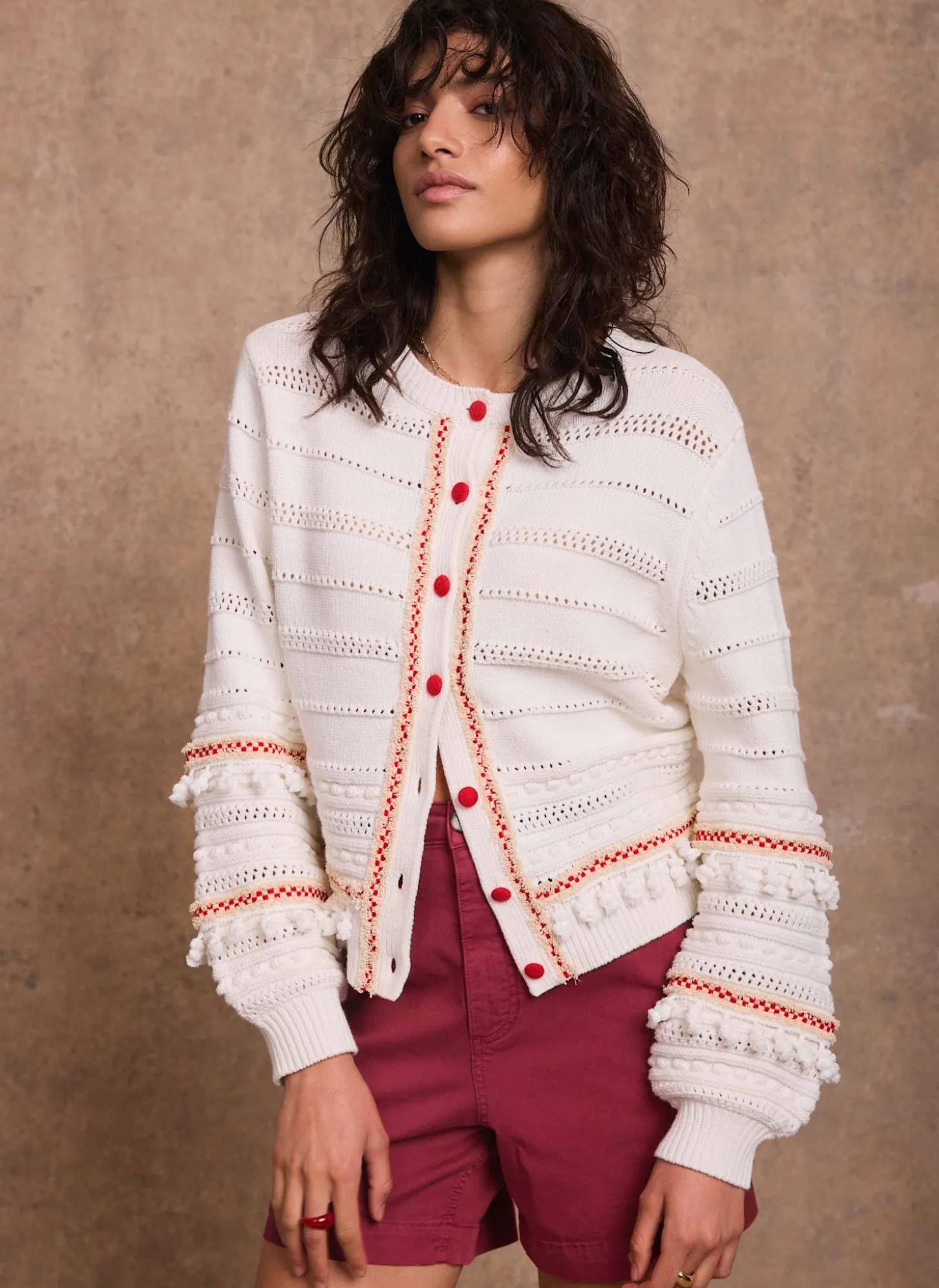Cream Cotton Blend Tassel Cardigan