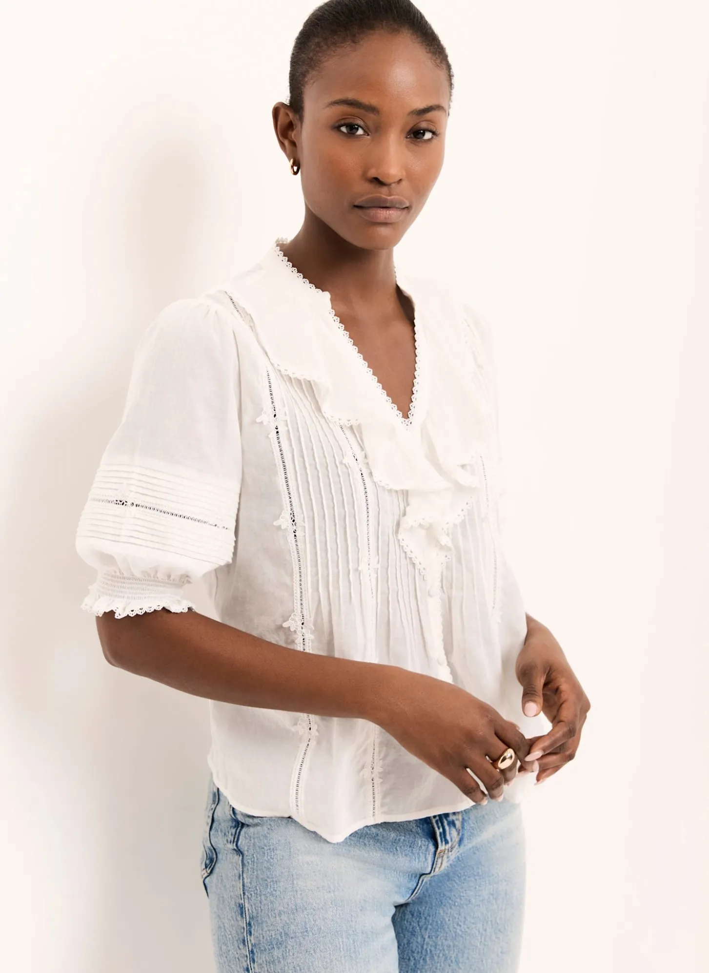 Cream Cotton Ruffle Blouse