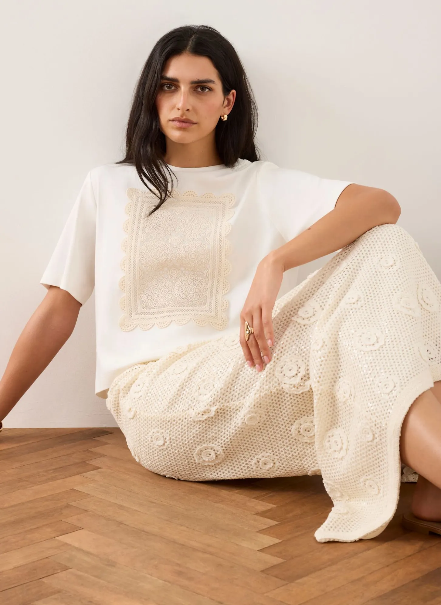 Cream Crochet Panel T-Shirt