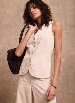 Cream Denim Diamond Textured Waistcoat