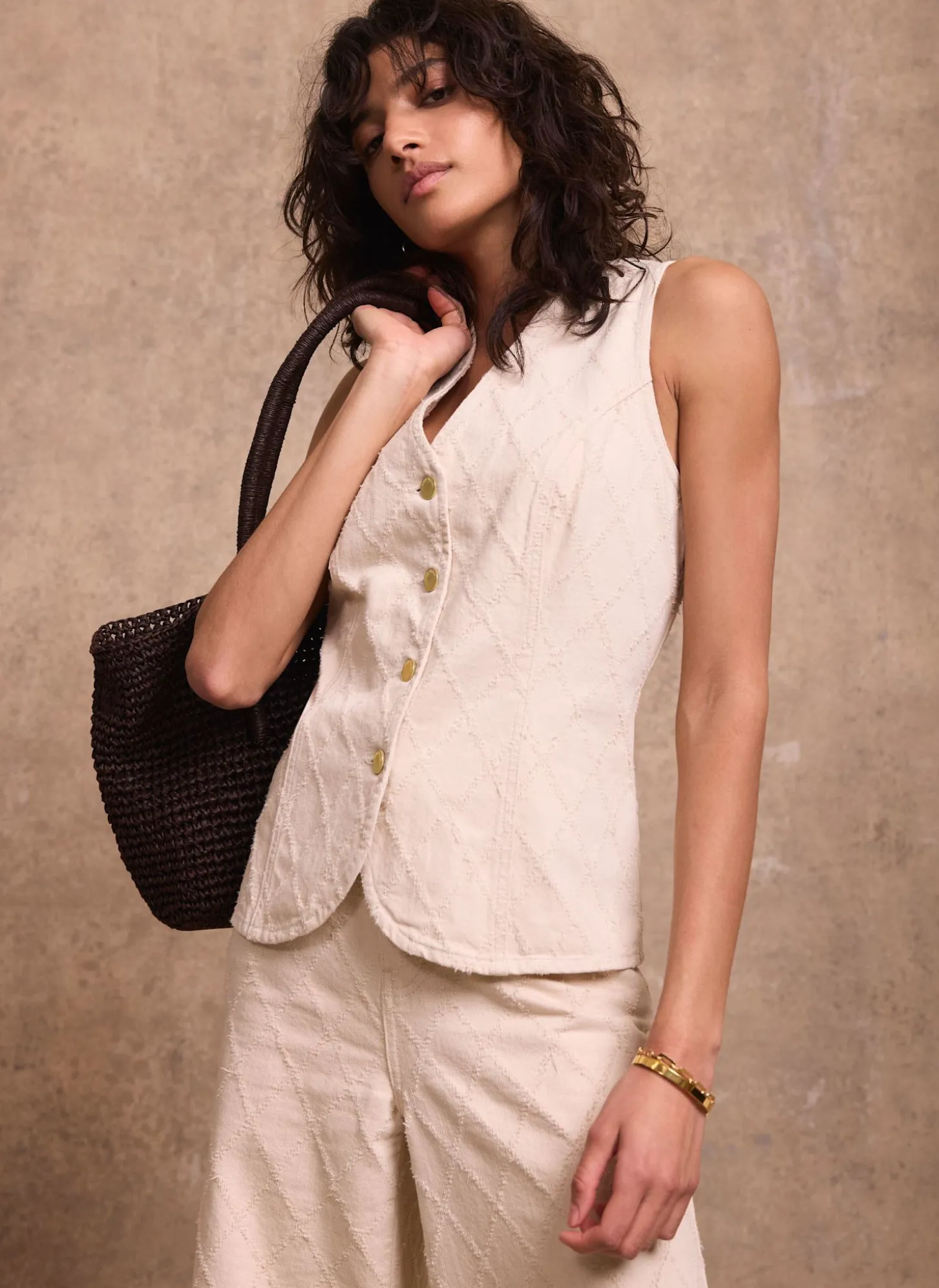 Cream Denim Diamond Textured Waistcoat