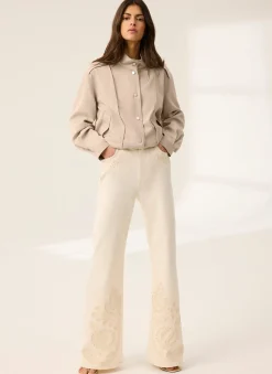 Cream Denim Embroidered Flared Jeans