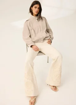 Cream Denim Embroidered Flared Jeans