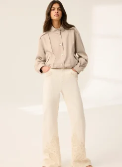 Cream Denim Embroidered Flared Jeans