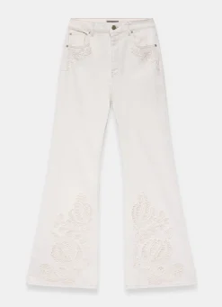 Cream Denim Embroidered Flared Jeans