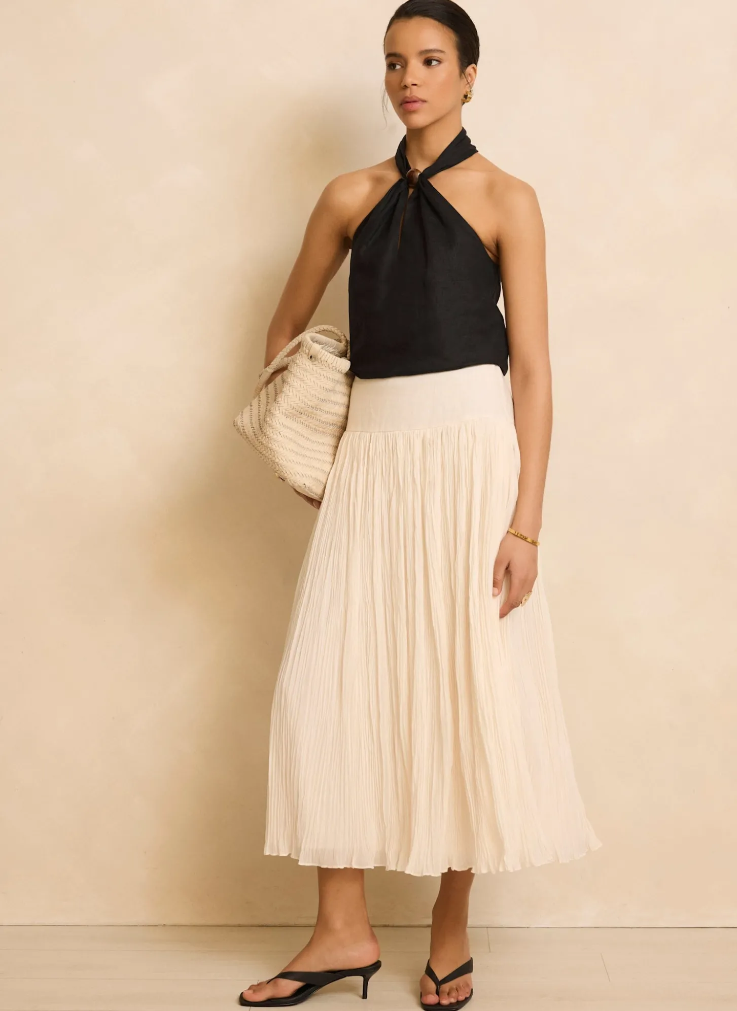 Cream Drop Waist Crinkle Midi Skirt