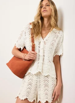 Cream Embellished Crochet Shorts