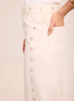 Cream Floral Embroidered Tapered Jeans