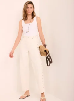 Cream Floral Embroidered Tapered Jeans