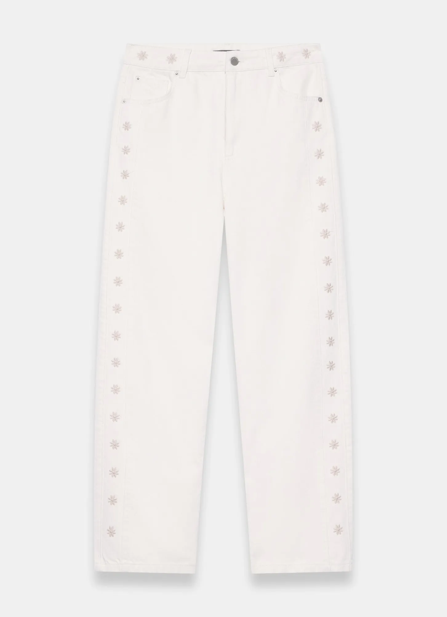 Cream Floral Embroidered Tapered Jeans