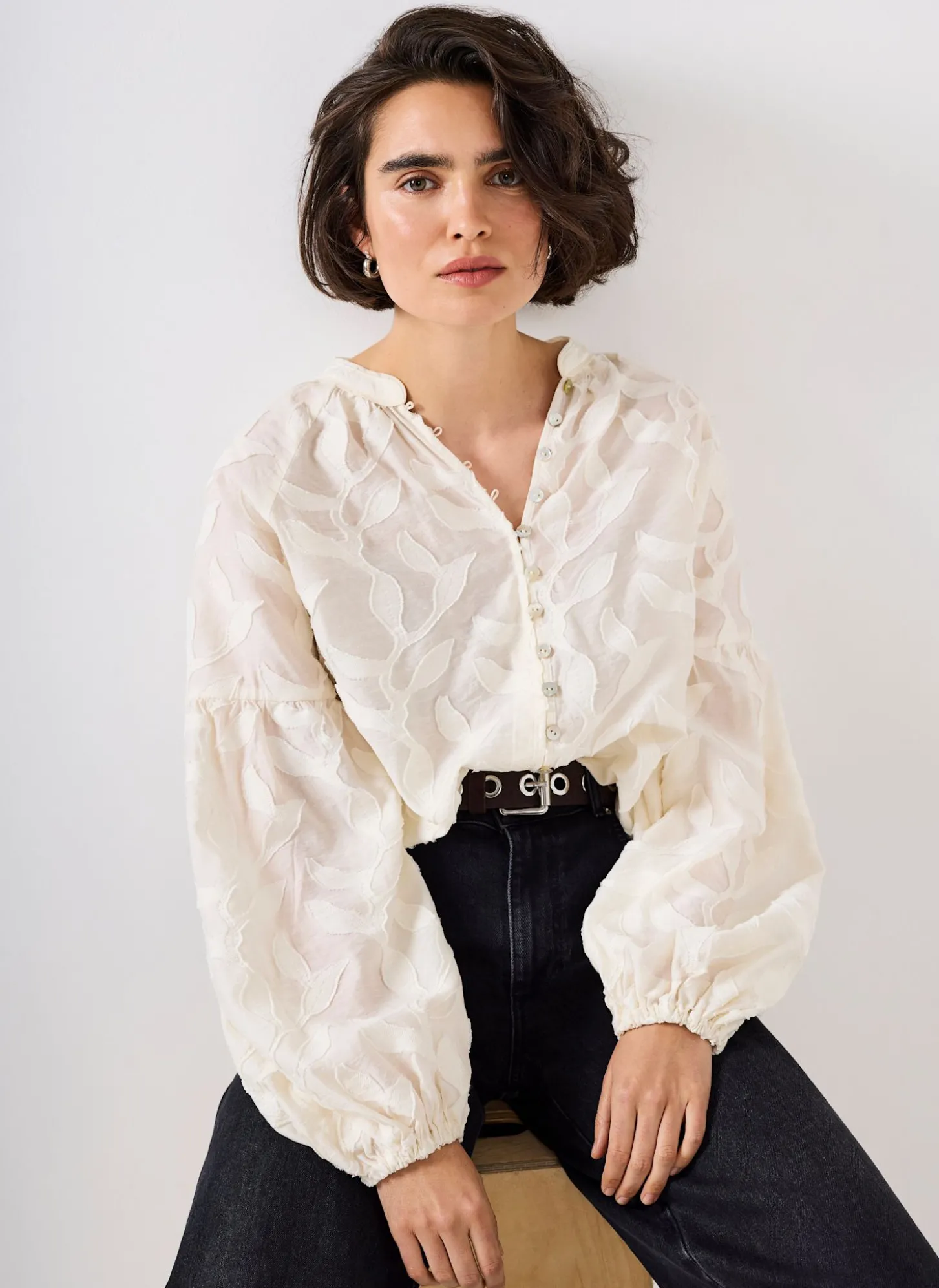 Cream Floral Jacquard Blouse