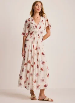 Cream Floral Print Midi Dress