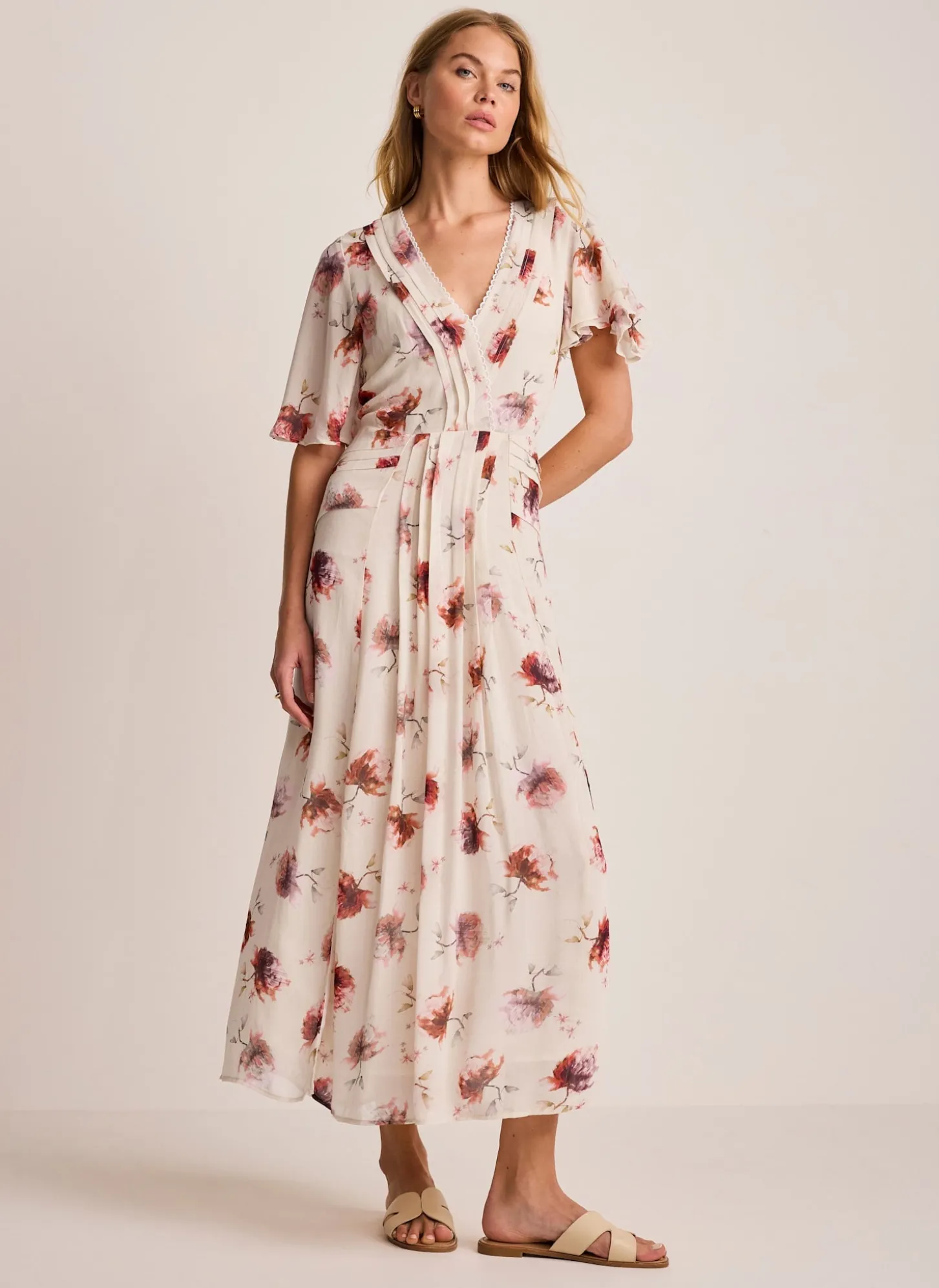 Cream Floral Print Midi Dress