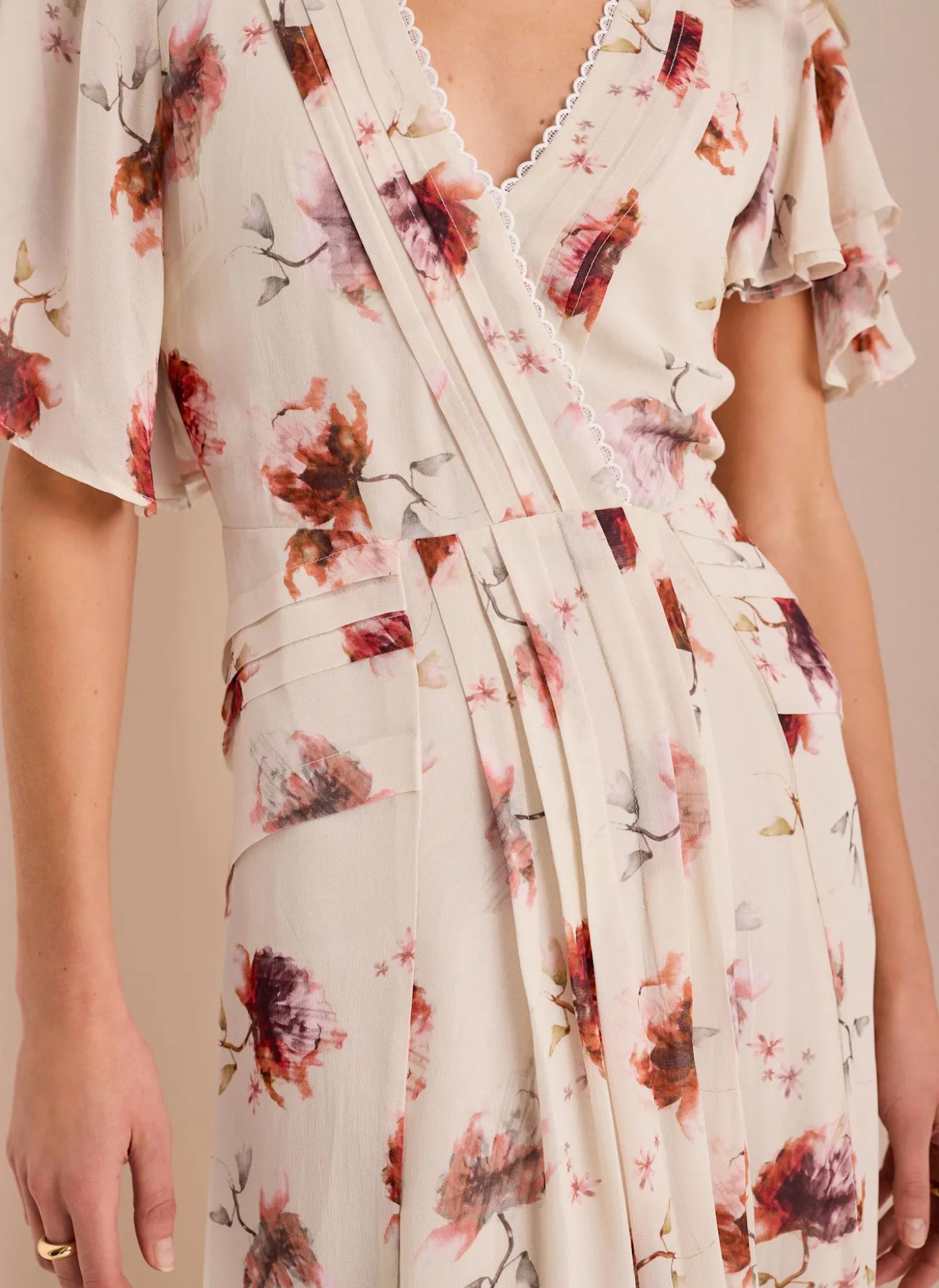 Cream Floral Print Midi Dress