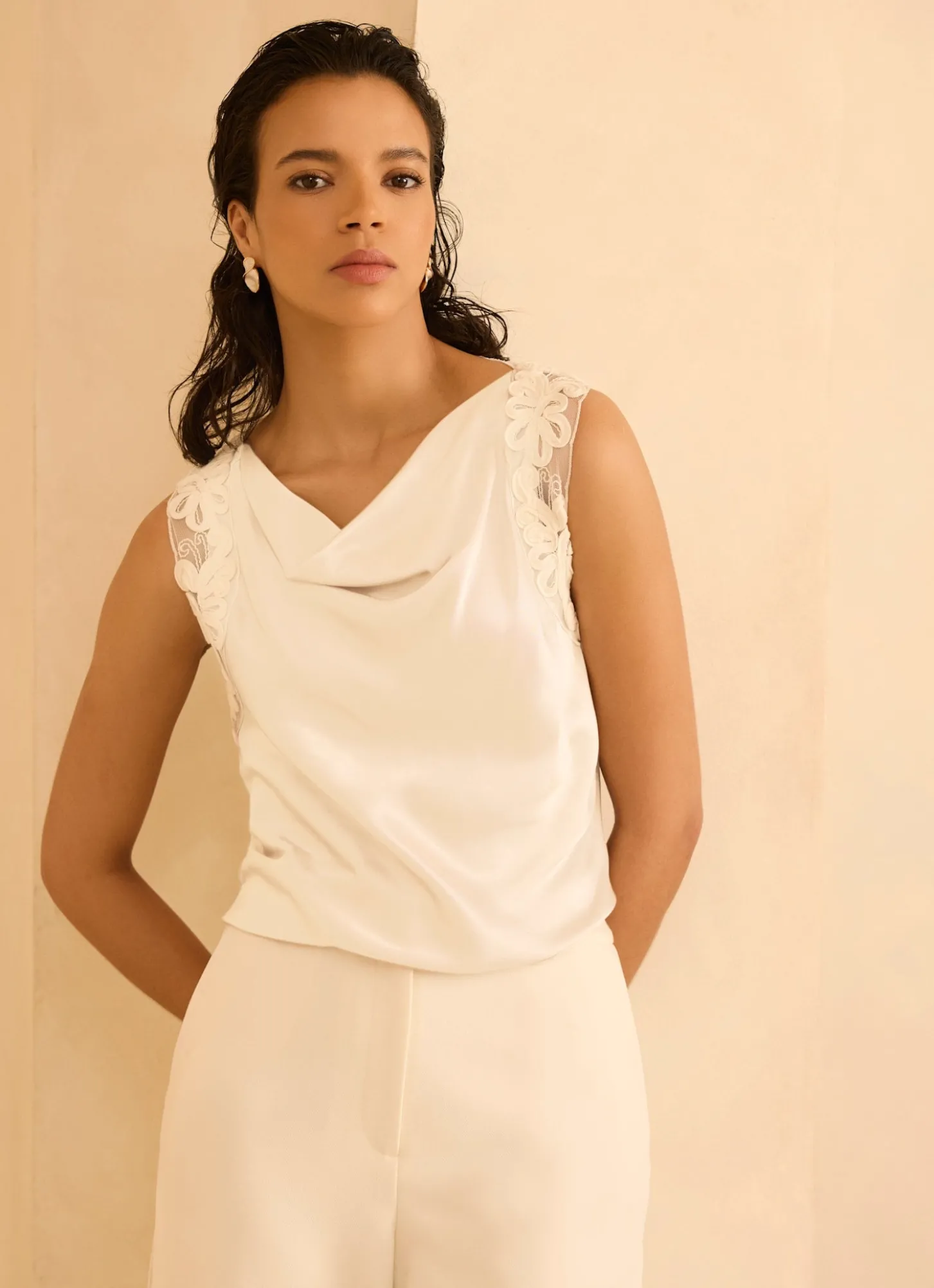 Cream Lace Satin Top