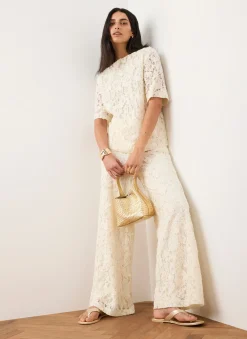 Cream Lace Wide Leg Trousers