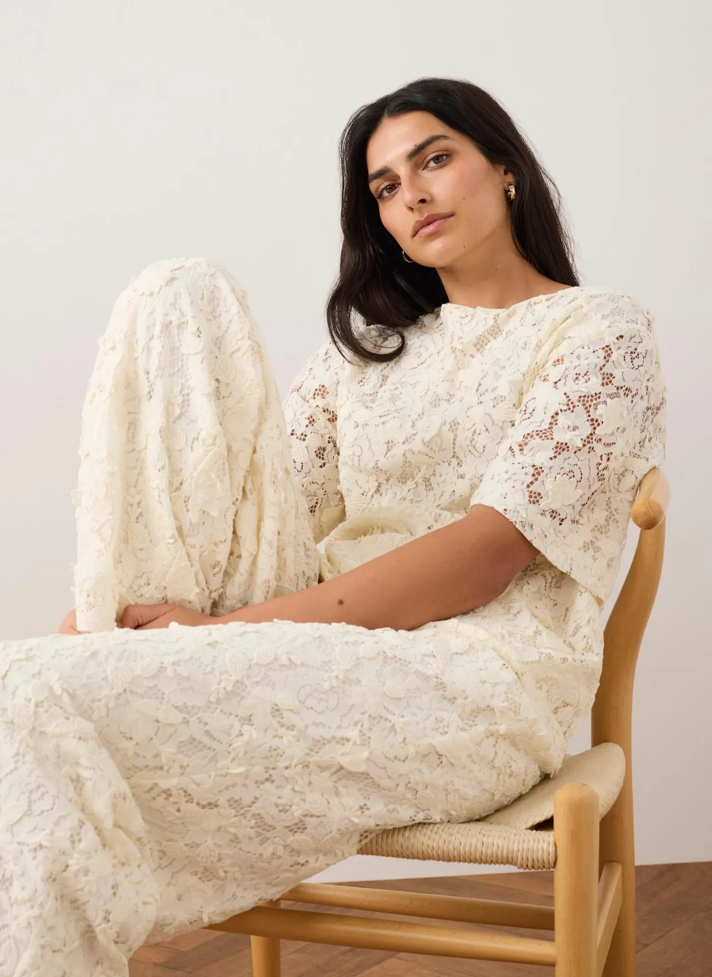 Cream Lace Wide Leg Trousers