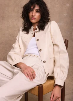 Cream Leather Puff Sleeve Jacket
