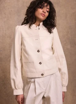 Cream Leather Puff Sleeve Jacket