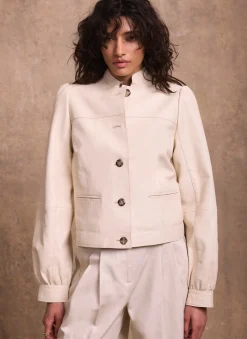 Cream Leather Puff Sleeve Jacket