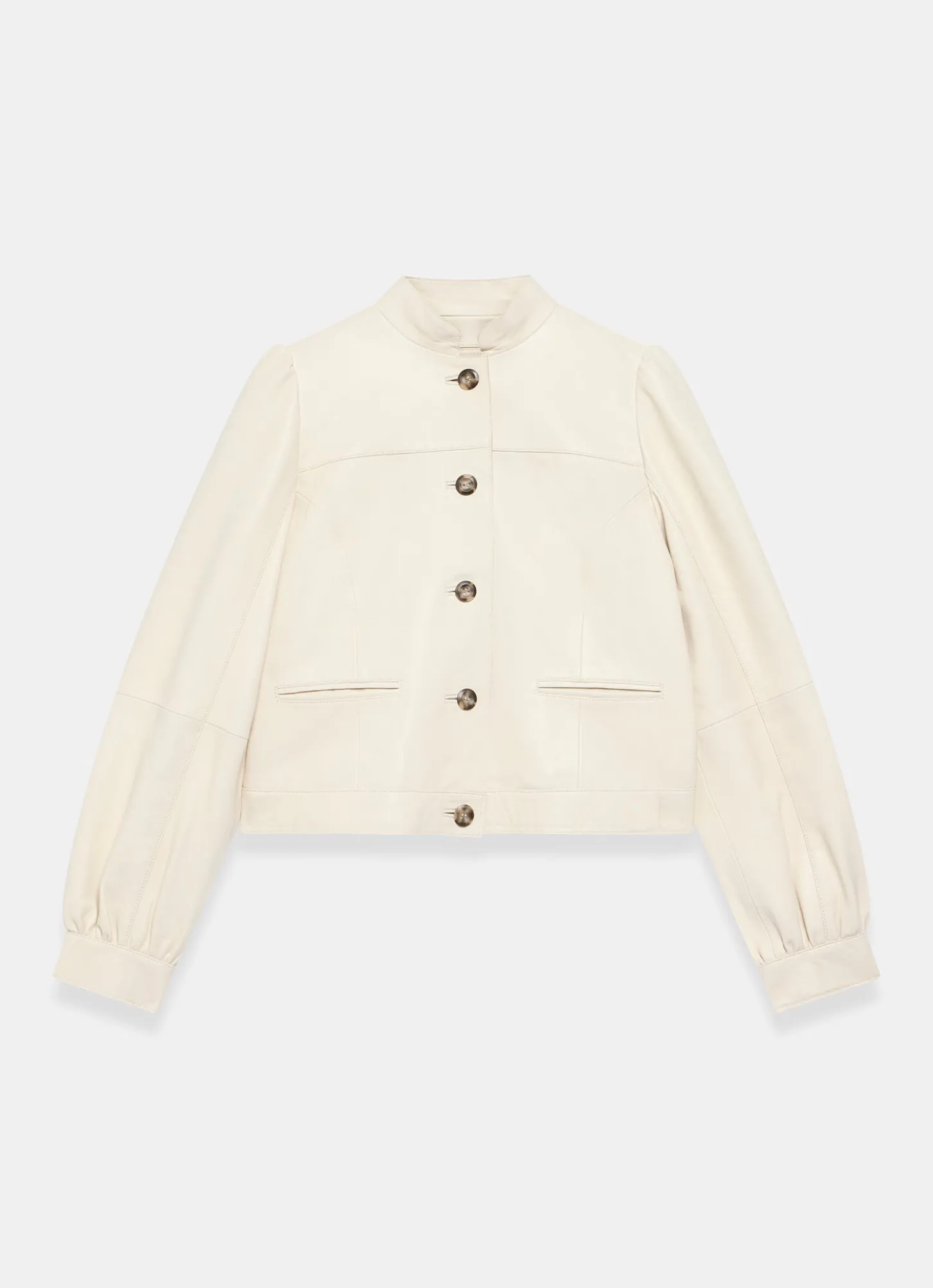 Cream Leather Puff Sleeve Jacket