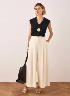 Cream Pleated Cropped Wide Trousers