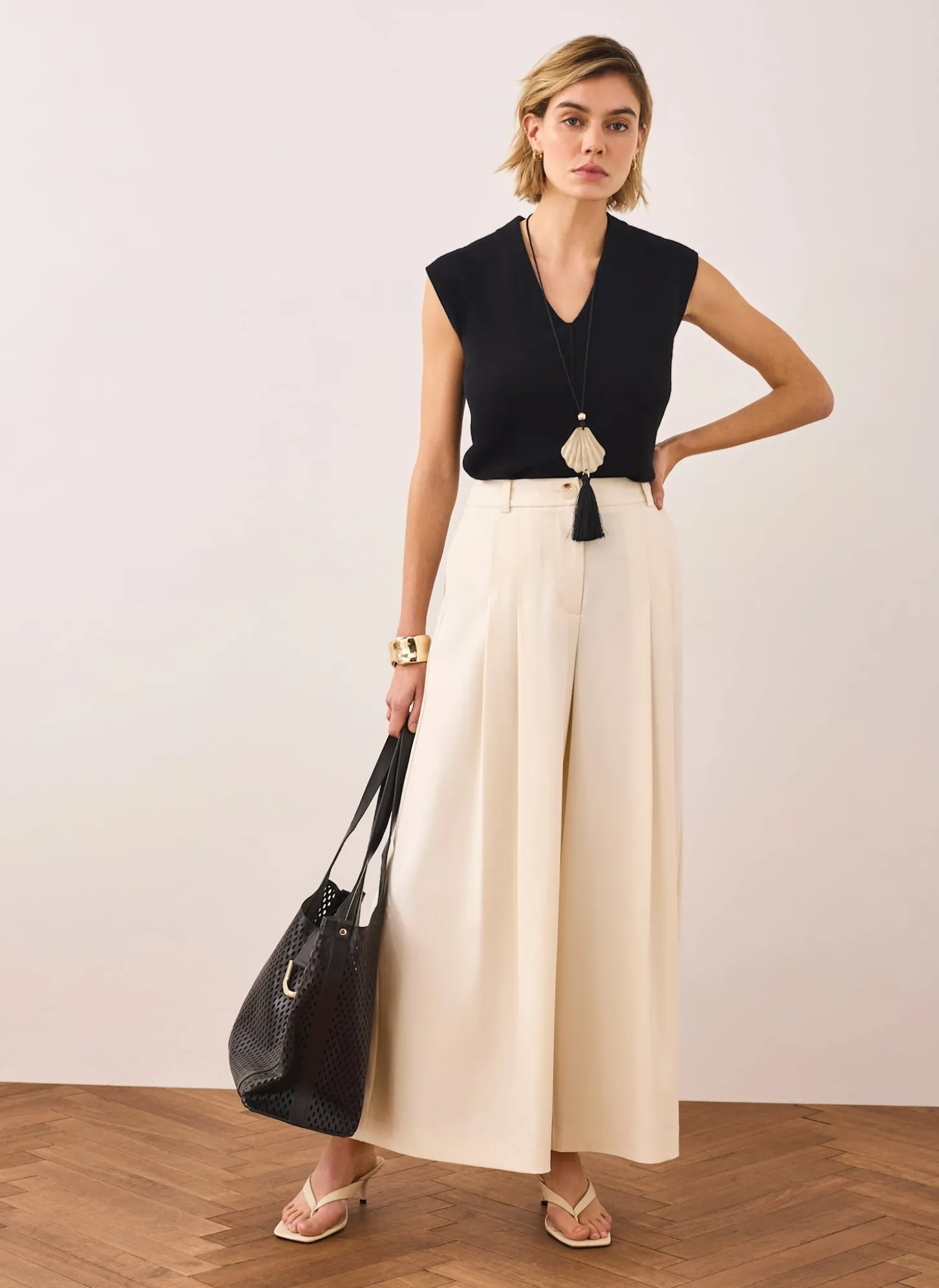 Cream Pleated Cropped Wide Trousers