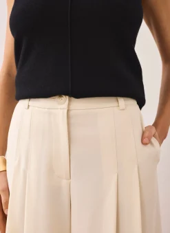 Cream Pleated Cropped Wide Trousers