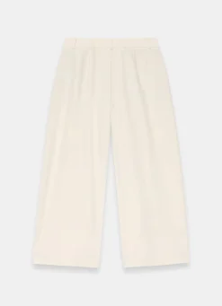 Cream Pleated Cropped Wide Trousers