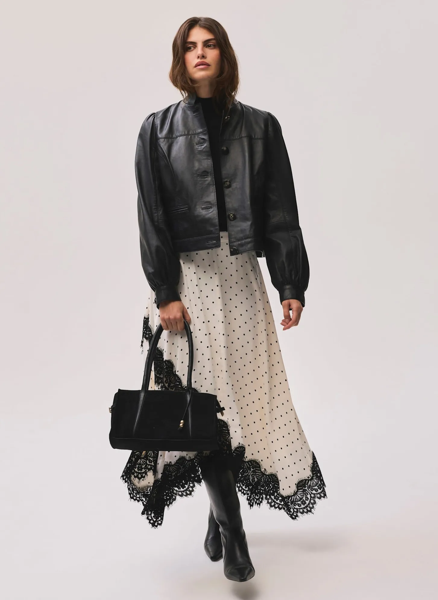 Cream Polka Dot Lace Trim Maxi Skirt