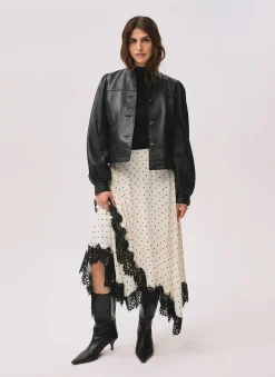 Cream Polka Dot Lace Trim Maxi Skirt