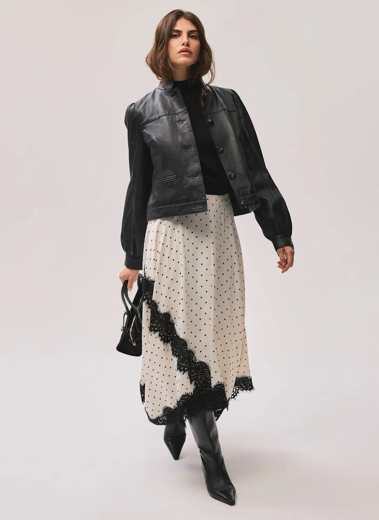Cream Polka Dot Lace Trim Maxi Skirt